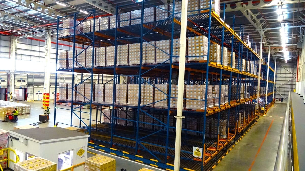A Pallet Live Racking system installed by Teepee Materials Handling in a warehouse