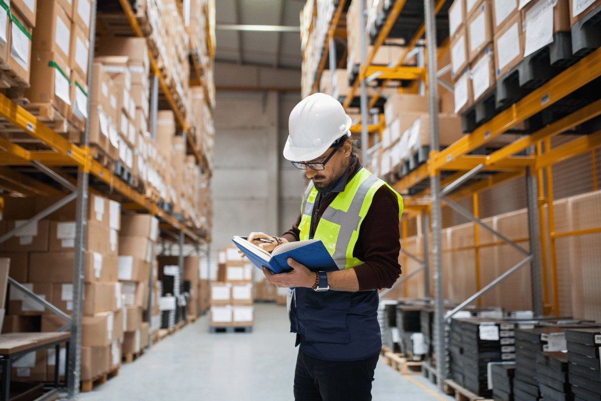 A Teepee inspector carrying out a pallet racking inspection in a warehouse