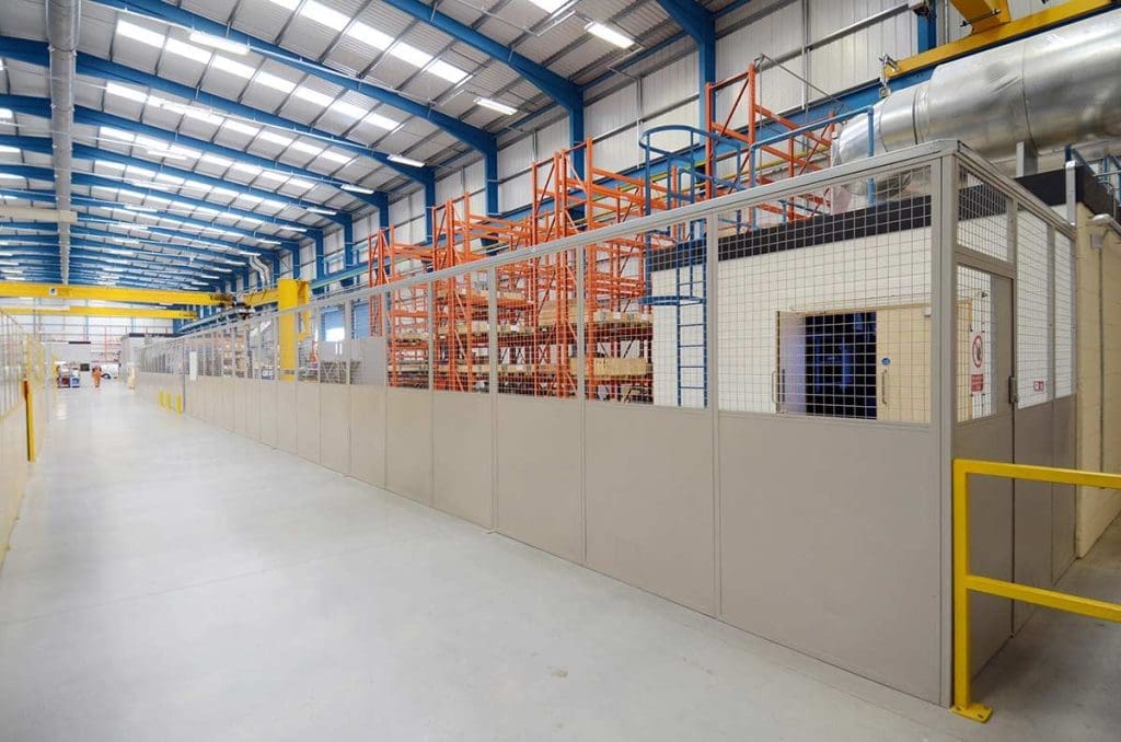 Demountable partitioning walls installed in a warehouse by Teepee Materials Handling