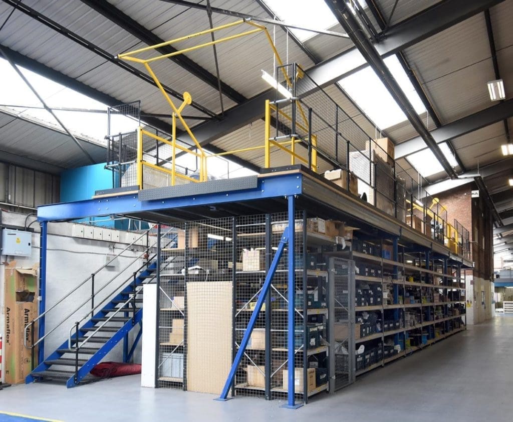 An industrial mezzanine floor installed in a Nottingham warehouse by Teepee Materials Handling