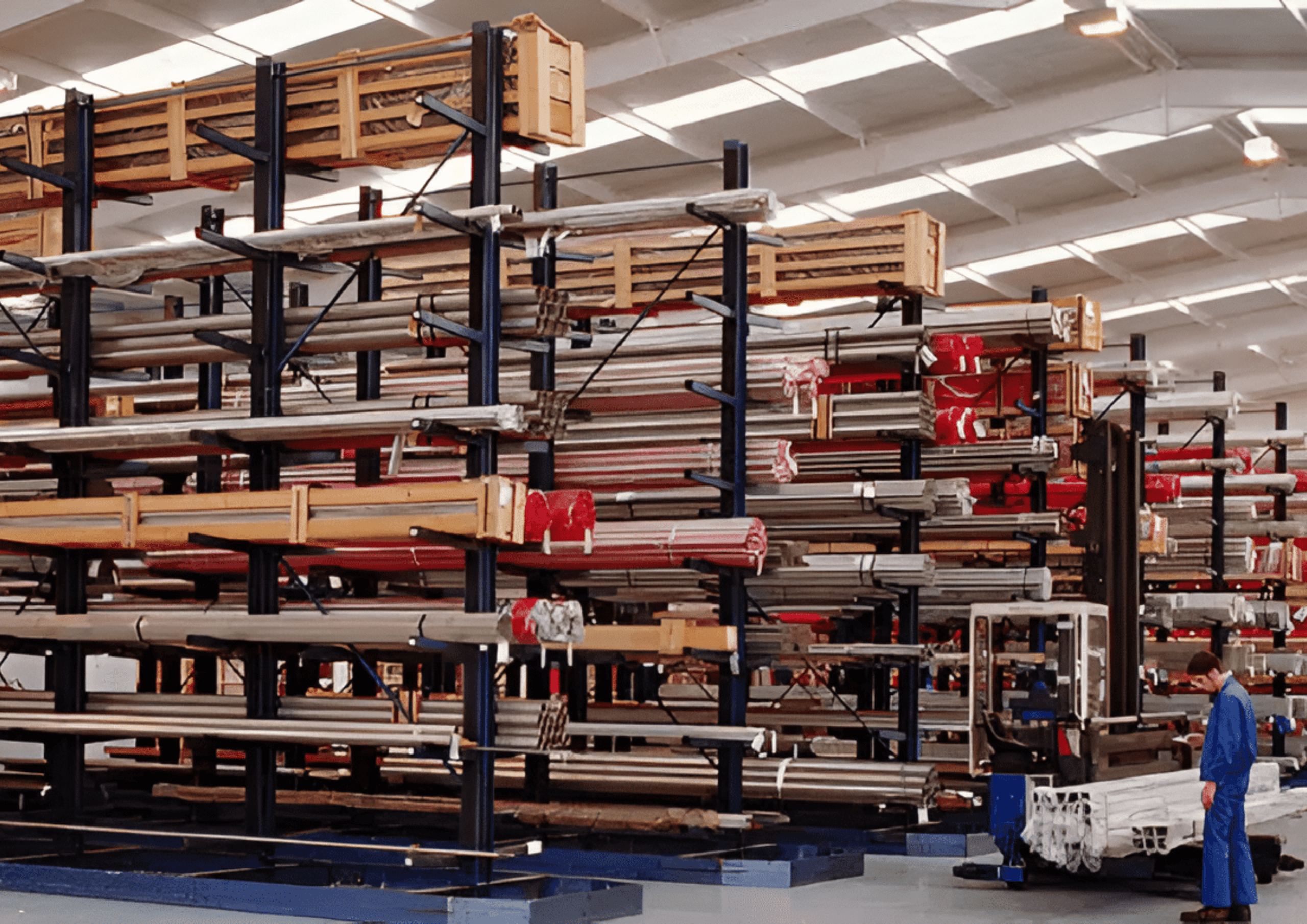 A cantilever racking system installed in a Birmingham warehouse by Teepee Materials Handling